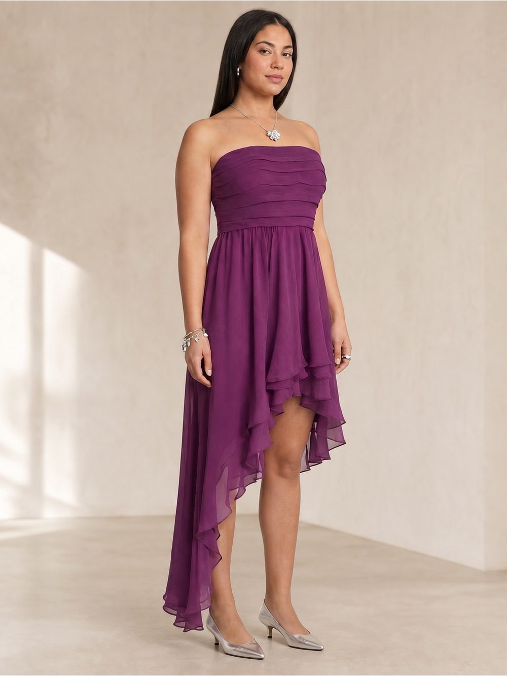 Rene Ruiz Strapless High Low Magenta Organza Cocktail Formal Wedding Guest NEW